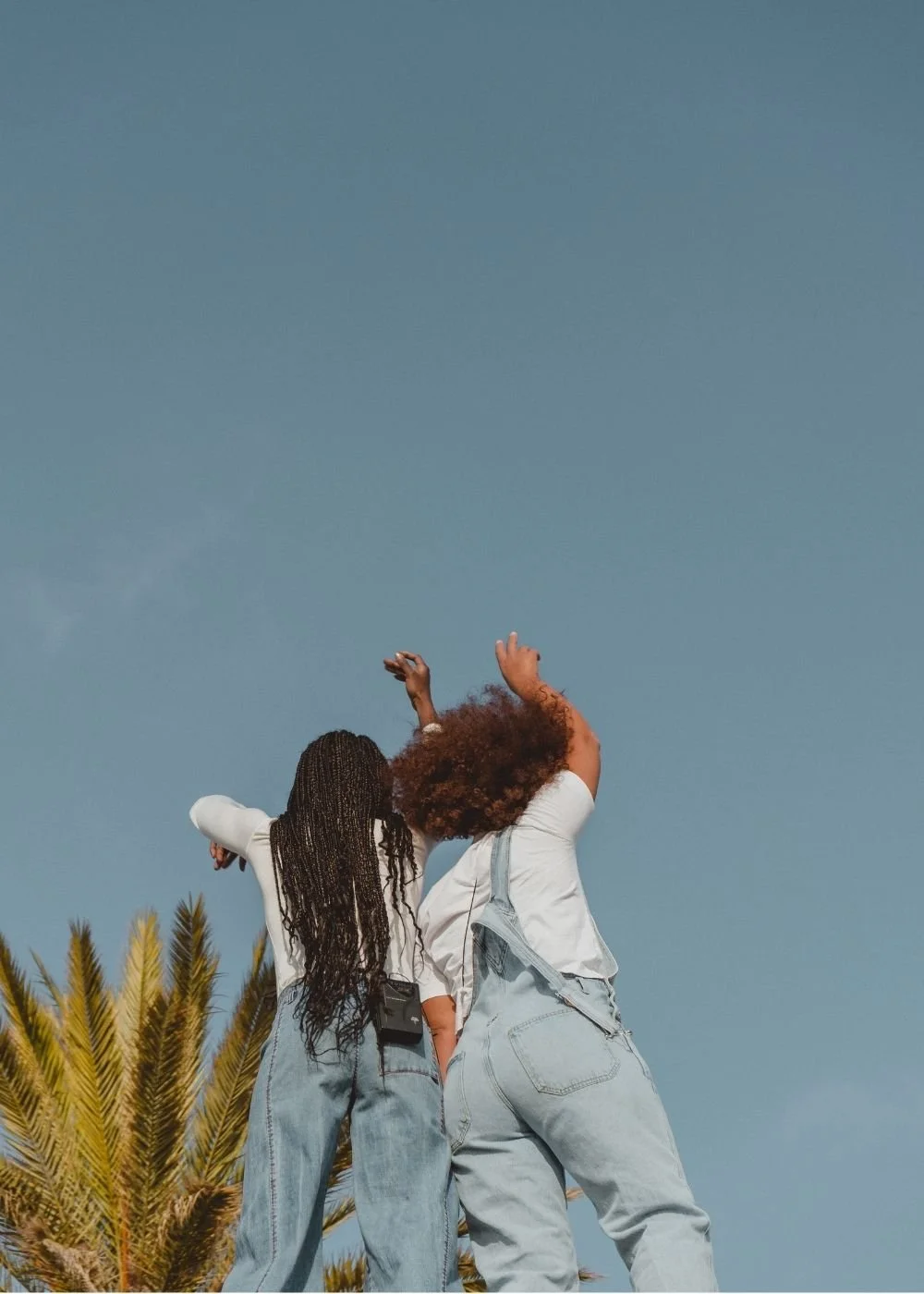 Two women standing outdoors with palm trees and a clear blue sky, one with braids and the other with curly hair, both wearing white shirts and light blue jeans, celebrating or dancing.
