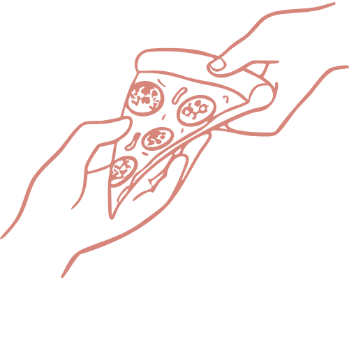 Line drawing of two hands holding a slice of pepperoni pizza.