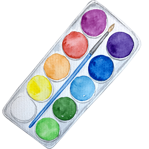 Watercolor palette with nine circular watercolor pans in purple, red, blue, yellow, green, and orange, and a paintbrush resting on the palette.