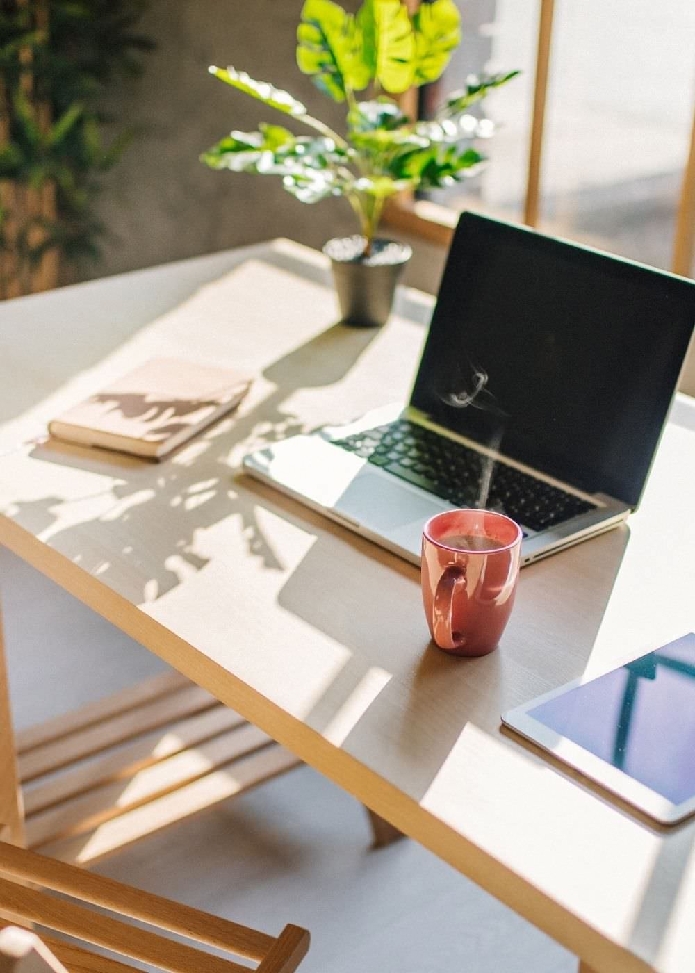 A picture of a laptop with a copper coffee mug and a plant on a desk.