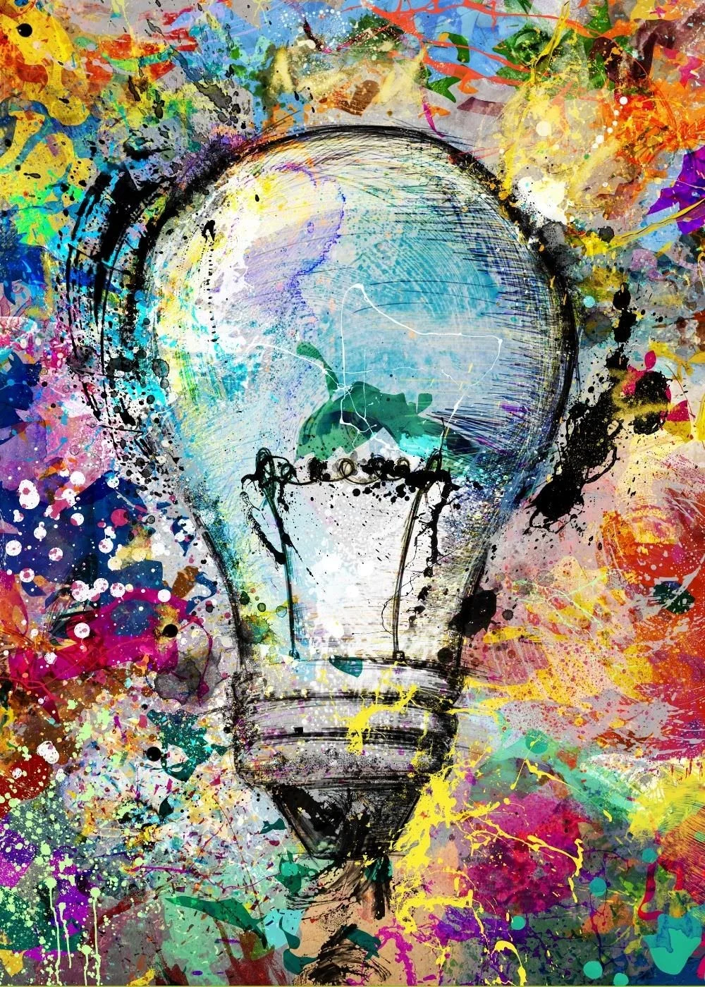 A painting of a hand-draw image of a lightbulb with different color paint splatters.