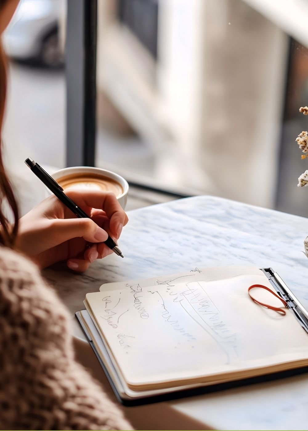 Person writing in a notebook with a black pen, sitting by a window with a cup of coffee nearby.