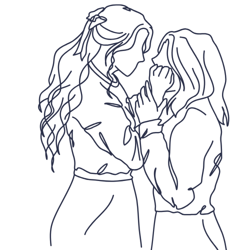 Line drawing of two women facing each other with heads bowed and hands touching, suggesting a moment of comfort or connection.