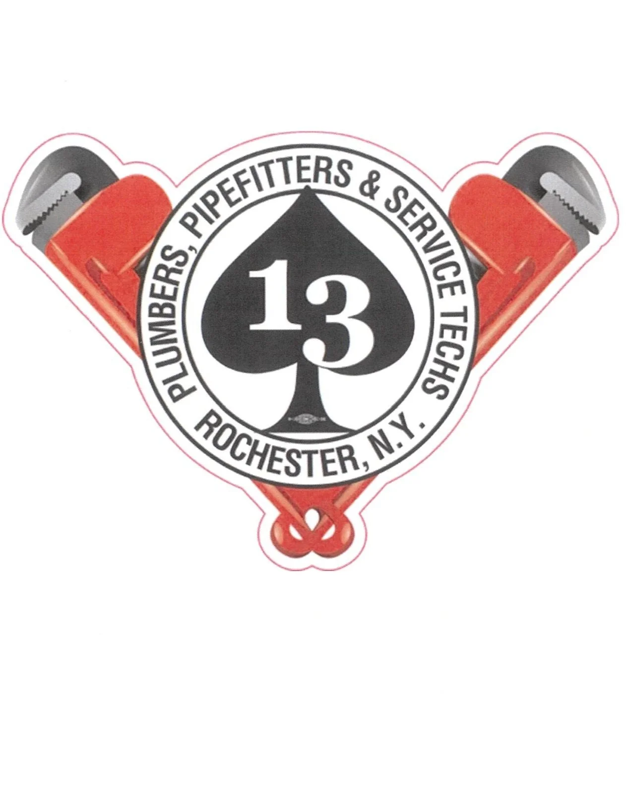 A logo featuring a red pipe wrench with a black and white circular emblem in the center. The emblem has a spade symbol with the number 13 inside it. Surrounding the emblem are the words: 'Number 13 Pipefitters, Pipers & Service Techs, Rochester, N.Y.'