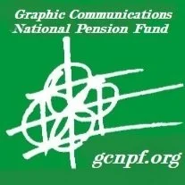 Green background with white graphic and text, featuring the logo of the Graphic Communications National Pension Fund and the website gcnpf.org.