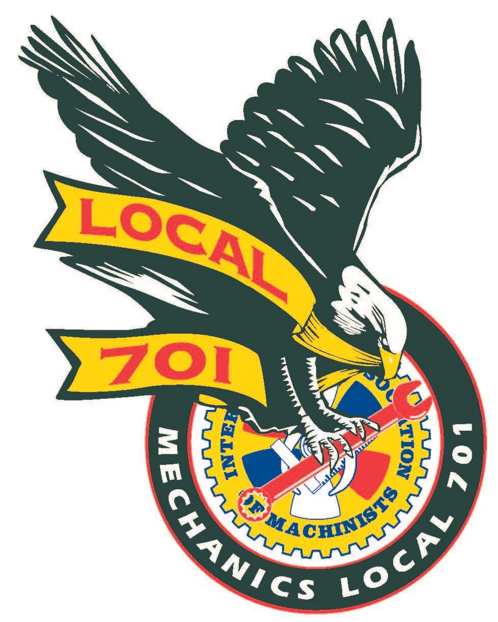 A logo featuring a bald eagle holding a wrench in its talons, with yellow banners reading 'LOCAL' and '01'. Surrounding the eagle is a circular border with the text 'MECHANICS LOCAL 701'.