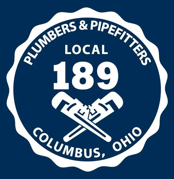 Logo for local plumbers and pipefitters, featuring the number 189, with a crossed wrench and pipe cutter, and the city name Columbus, Ohio.