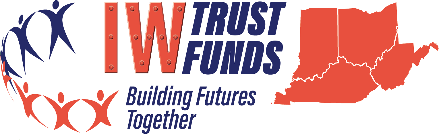Logo for IWW Trust Funds with the slogan "Building Futures Together"; features a stylized circular group of blue and red human figures, the state of West Virginia in red, and text in navy blue and red.