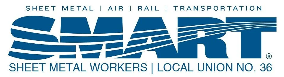 Logo for SMART, a workers' union representing sheet metal workers, local union No. 36, with the words 'sheet metal, air, rail, transportation' above and 'sheet metal workers, local union no. 36' below.