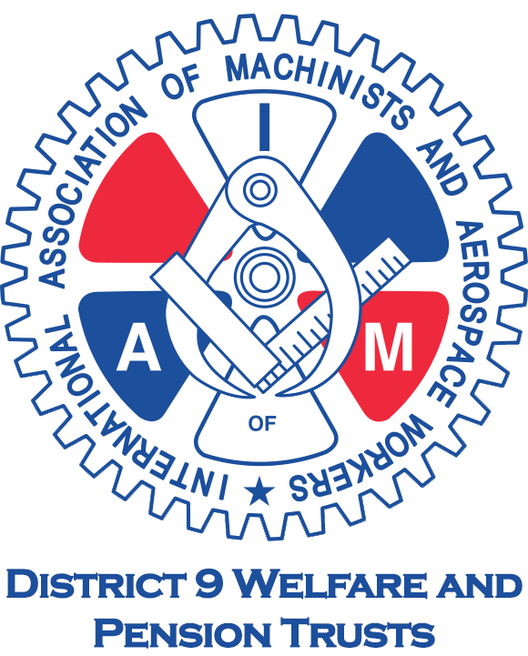 Logo of the International Association of Machinists and Aerospace Workers, District 9 Welfare and Pension Trusts, featuring a gear, a c-clamp, and a ruler in blue, red, and white colors.