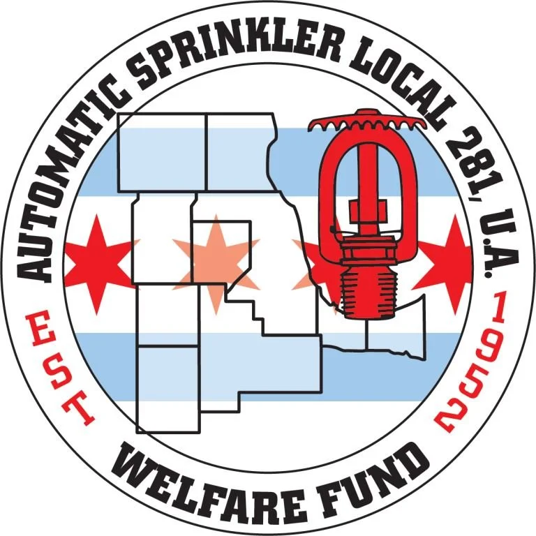 Logo for the Automatic Sprinkler Local 281 Union, established in 1951, in Illinois. Features a map outline of Illinois with a red sprinkler and stars, over a blue and white striped background.