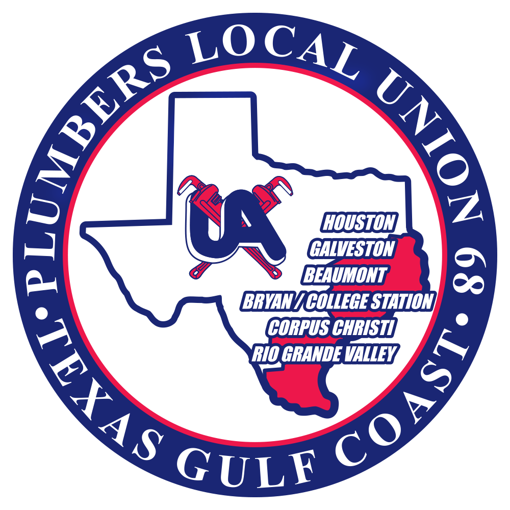 A circular logo for the Plumbers Local Union 8 in the Texas Gulf Coast, featuring a map of Texas with a large letter A, crossed wrenches, and a list of city names inside the state.