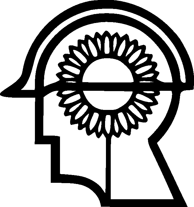 Black and white line drawing of a human head outline with a sunflower inside, representing a concept of mental health or mindfulness.