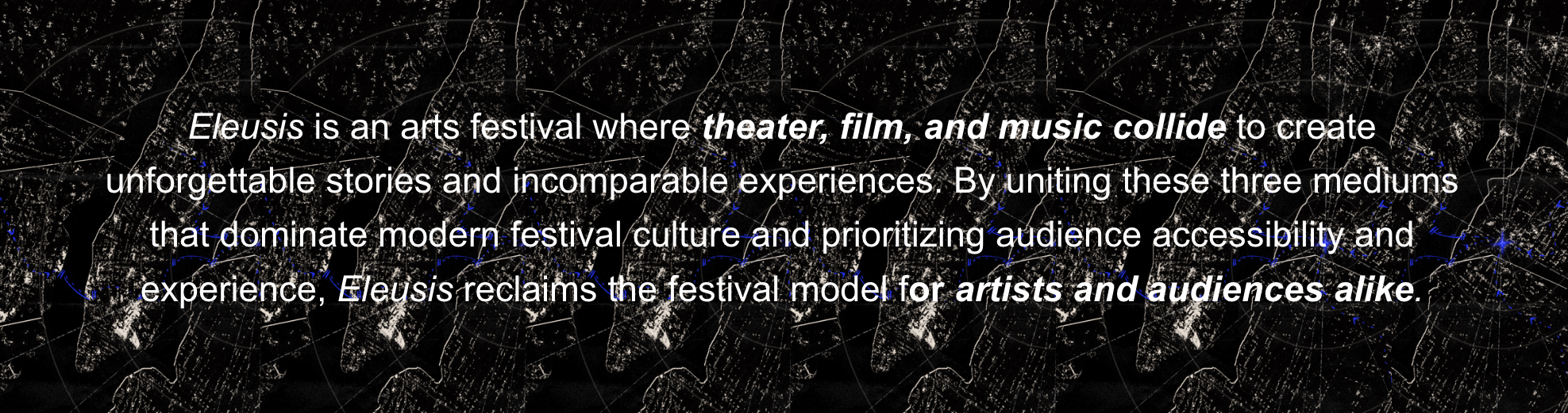 Text overlay explains Eleusis arts festival celebrating theater, film, and music to create stories and experiences, promoting arts for artists and audiences alike.