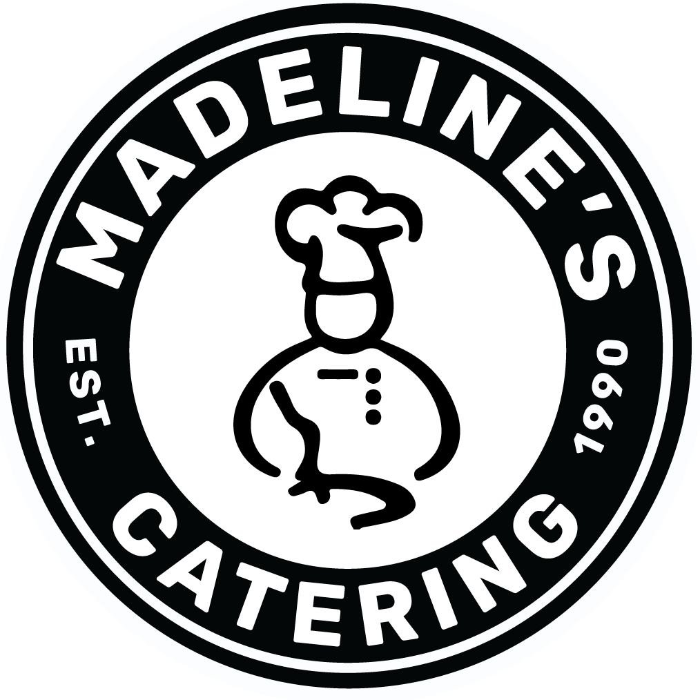 Black and white circular logo for MadeLine's Catering with an illustration of a chef wearing a toque in the center.