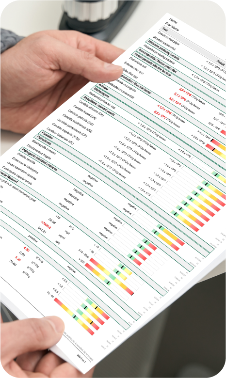 Close-up of a person holding a printed report with charts and data analysis, pointing to a section.