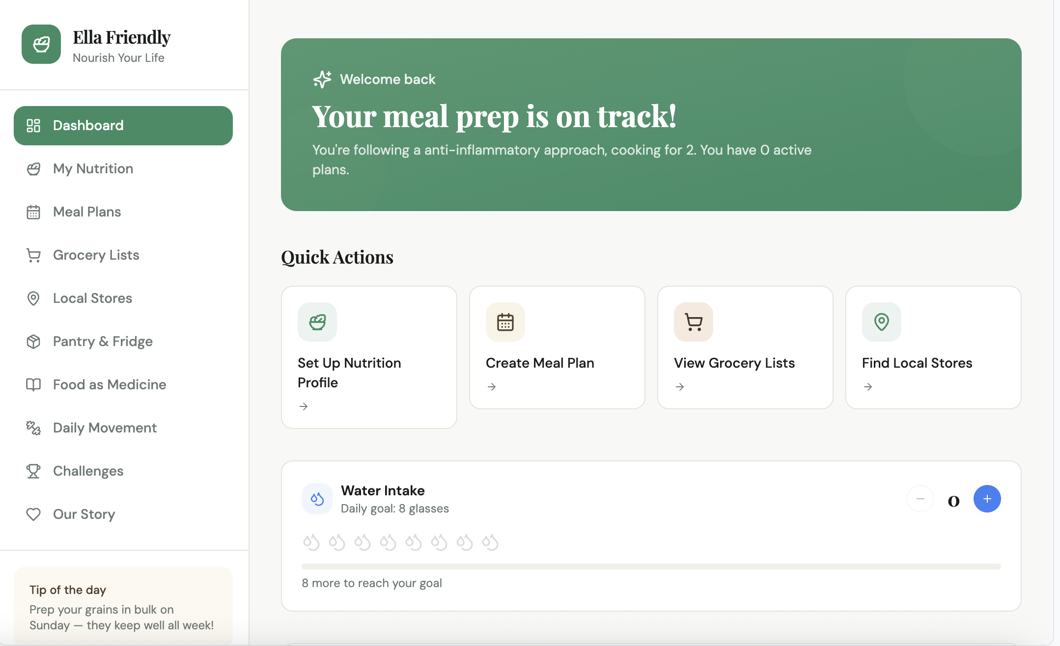 Screenshot of Ella Friendly dietary app dashboard showing meal prep progress with sections for nutrition, meal plans, grocery lists, stores, pantry, food as medicine, movement, challenges, and story. Green and white interface with quick actions like setting nutrition profile and creating meal plans.