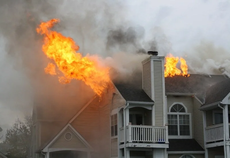 A house fire with flames & smoke venting, under review for claim adjustment in Flagler Beach, FL