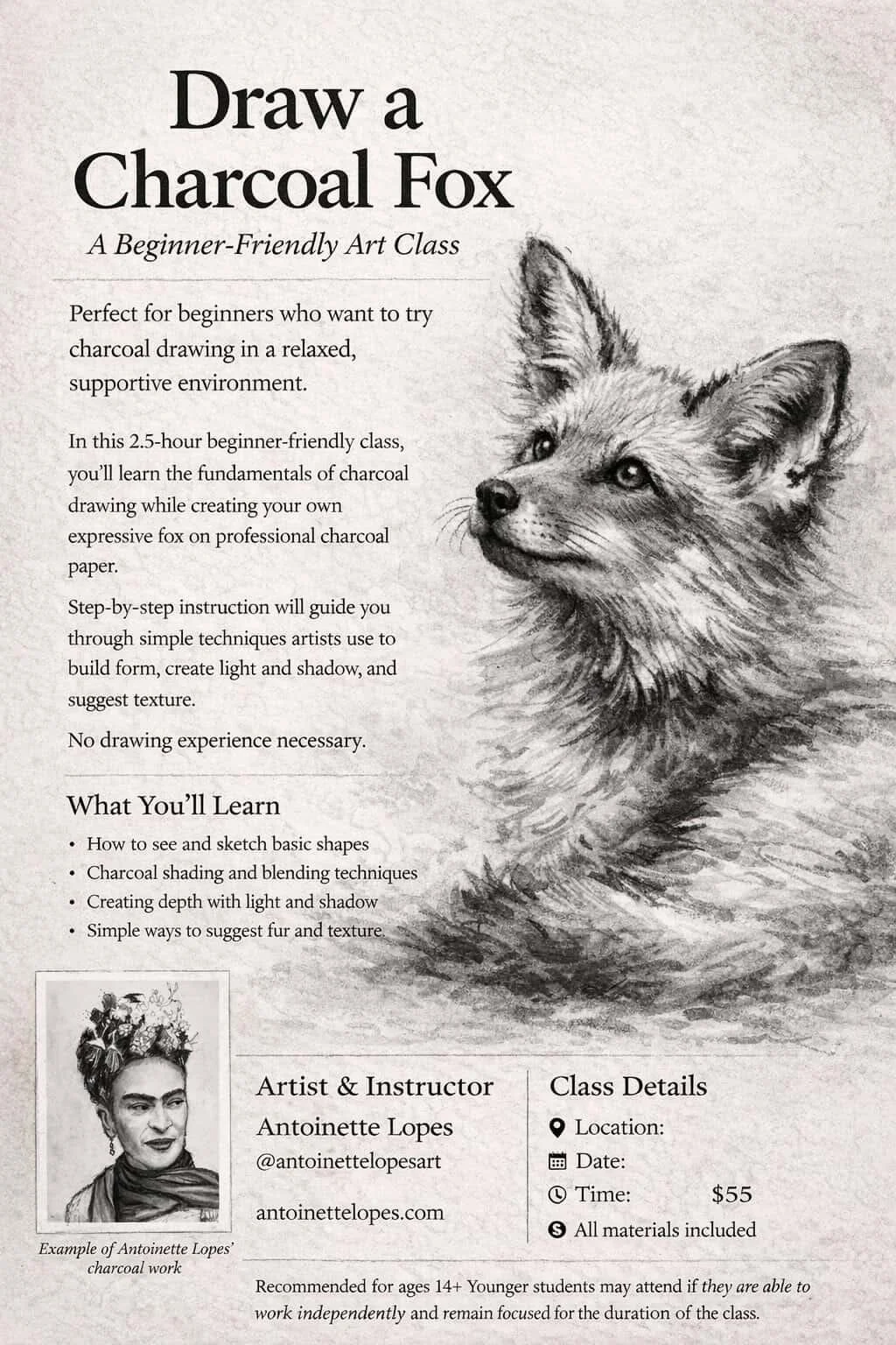 fox charcoal drawing - Sunday, April 26th, 1-3:30pm