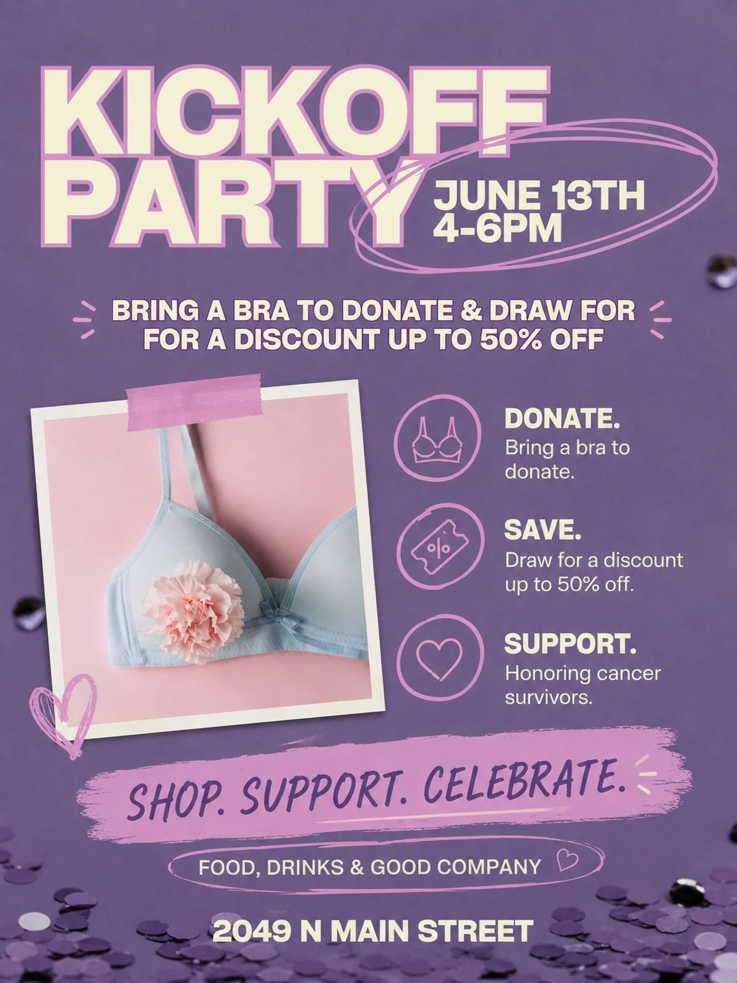 This June, we&rsquo;re coming together to celebrate strength, survivorship, and community. 💜
Join us June 13th from 4&ndash;6PM for our kickoff party honoring cancer survivors with an evening of shopping, drinks, bites, and special discounts. Bring 