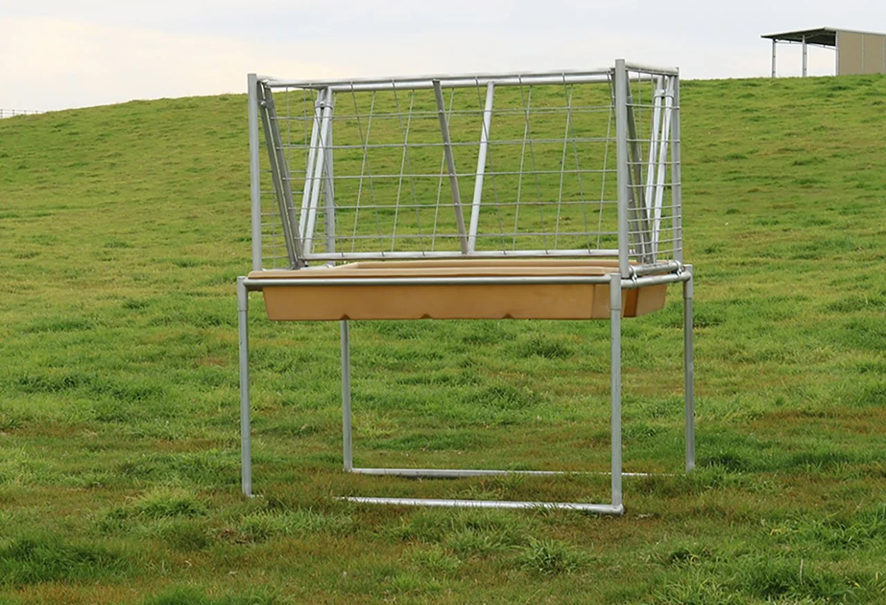 A playground climbing structure with a slide, positioned on a grassy field under an overcast sky.