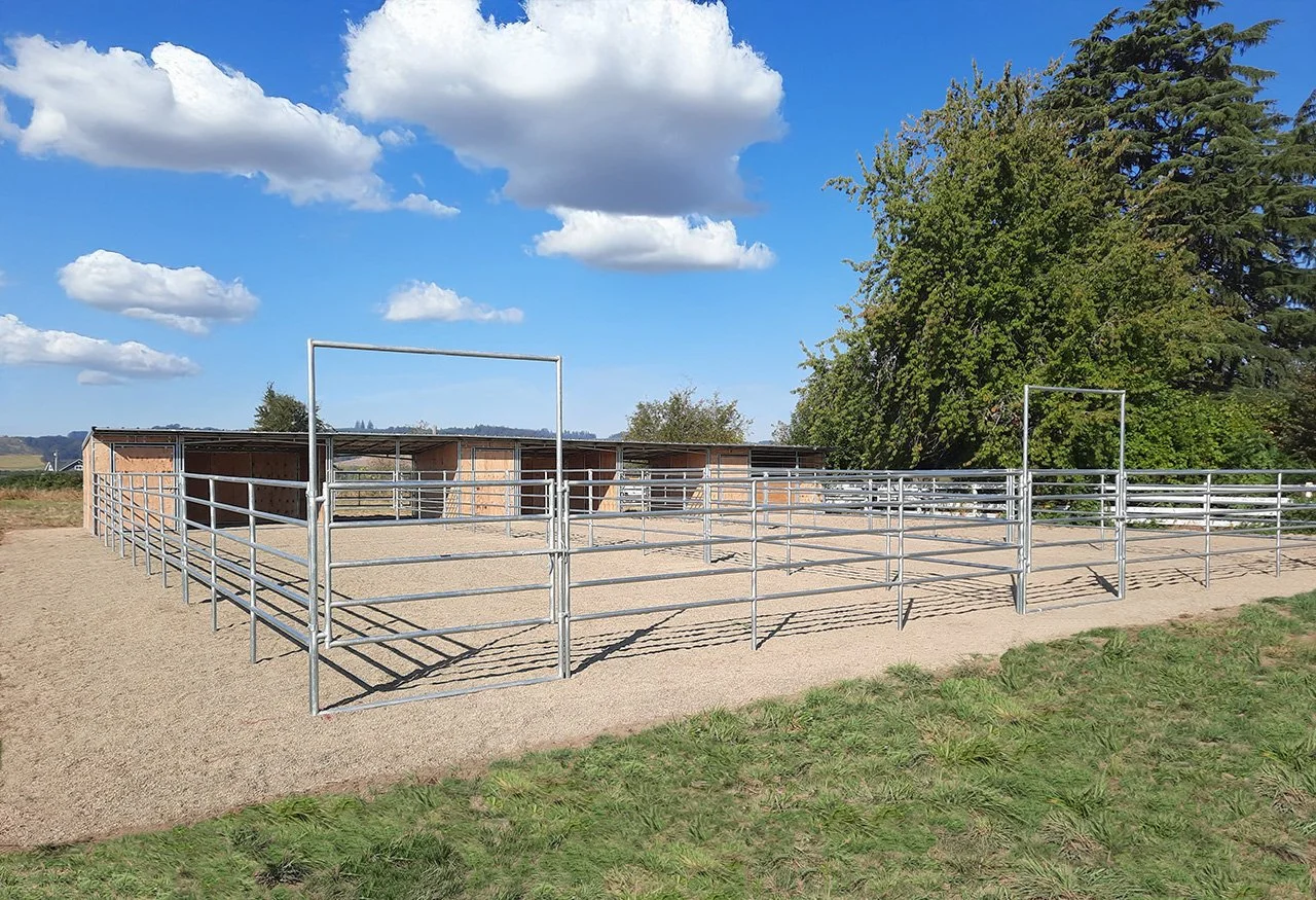 Empty outdoor horse riding arena with metal fencing, a small wooden shelter, large trees, and a partly cloudy blue sky.