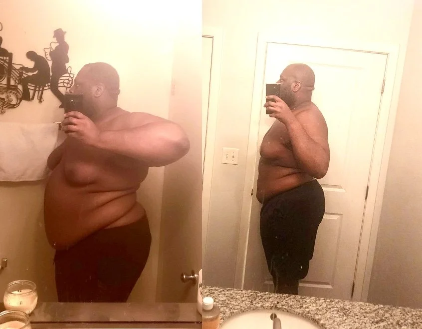 Side-by-side mirror selfies of a shirtless man with glasses and a beard, wearing black shorts, taken in a home bathroom.