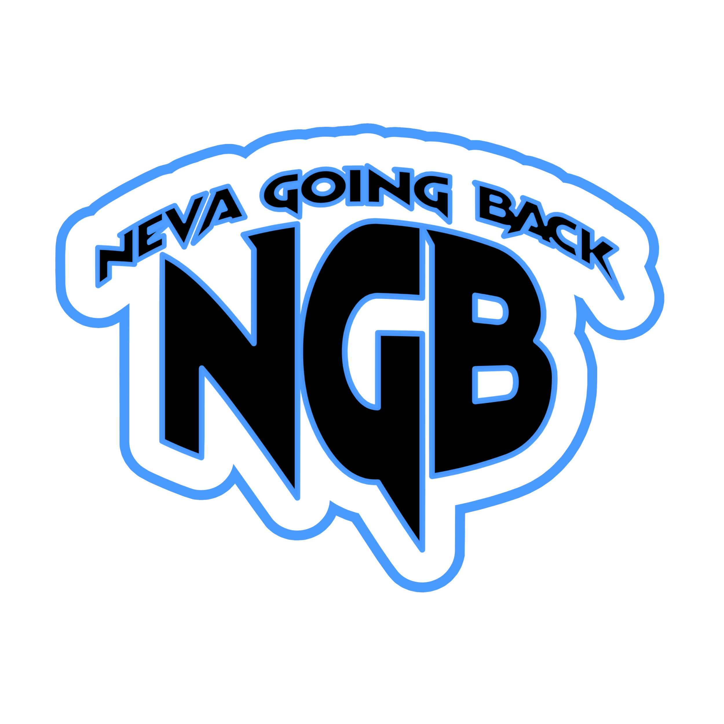 Logo with the text 'NGB' and 'NEVA GOING BACK' arching above it, styled in bold blue and black with a white outline.