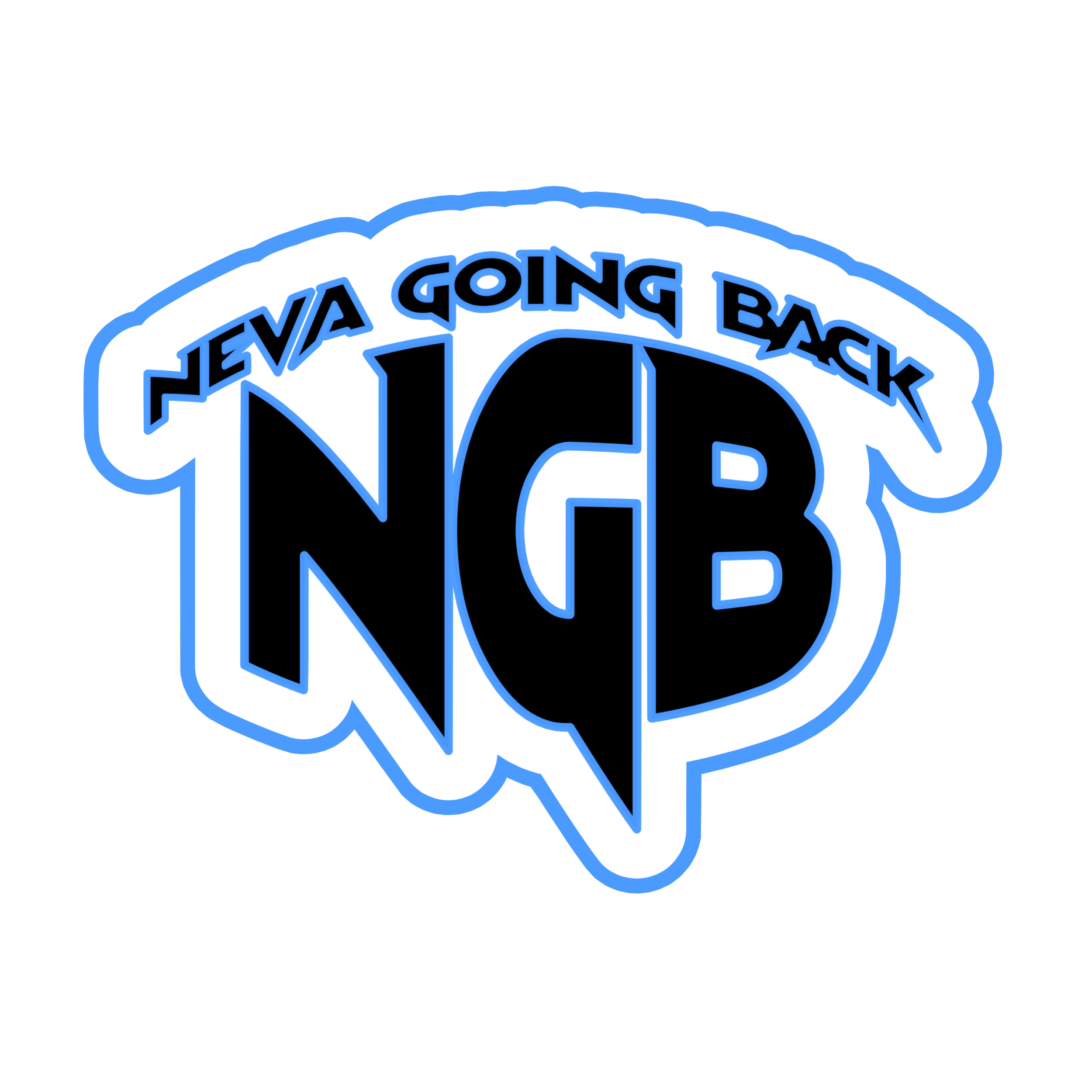 Logo with the text 'NGB' in large letters and 'Neva Going Back' curved above in smaller letters, outlined in blue, on a black background