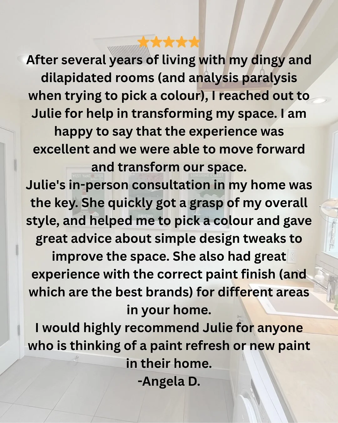 Angela was dreaming of a cheerful yellow laundry room that felt sunny, but still calm.
She had tried a number of test samples on her wall, but every one wasn’t quite right, they were either too bright or too dull.
She called me for a consult,