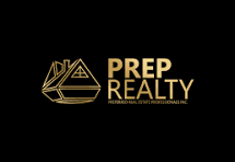 Logo for Prep Realty with a geometric gold emblem and gold text on a black background