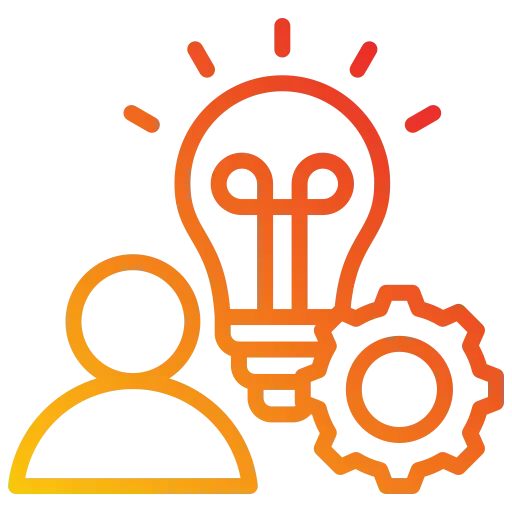 An icon of a person, a light bulb, and a gear, representing ideas, innovation, and settings.