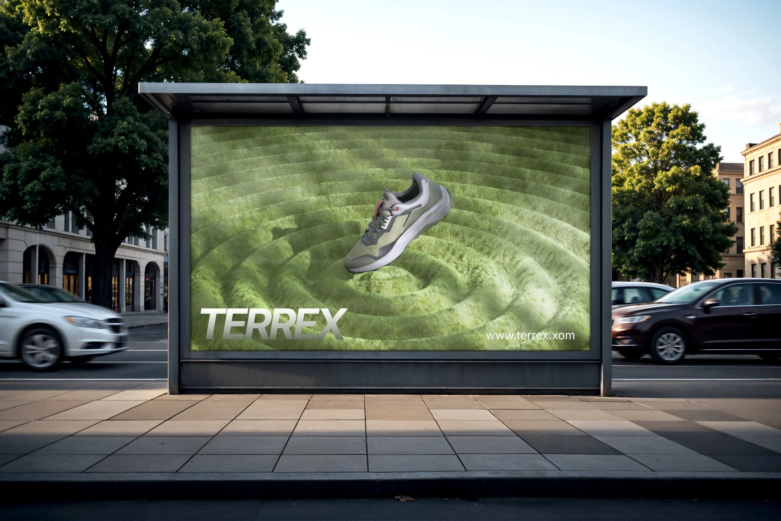 Anuncio de una marca de calzado llamada TERREX con una zapatilla en el centro de un fondo verde con textura de piedra y logotipo en la parte inferior izquierda, en un paradero de autobús en una calle urbana.