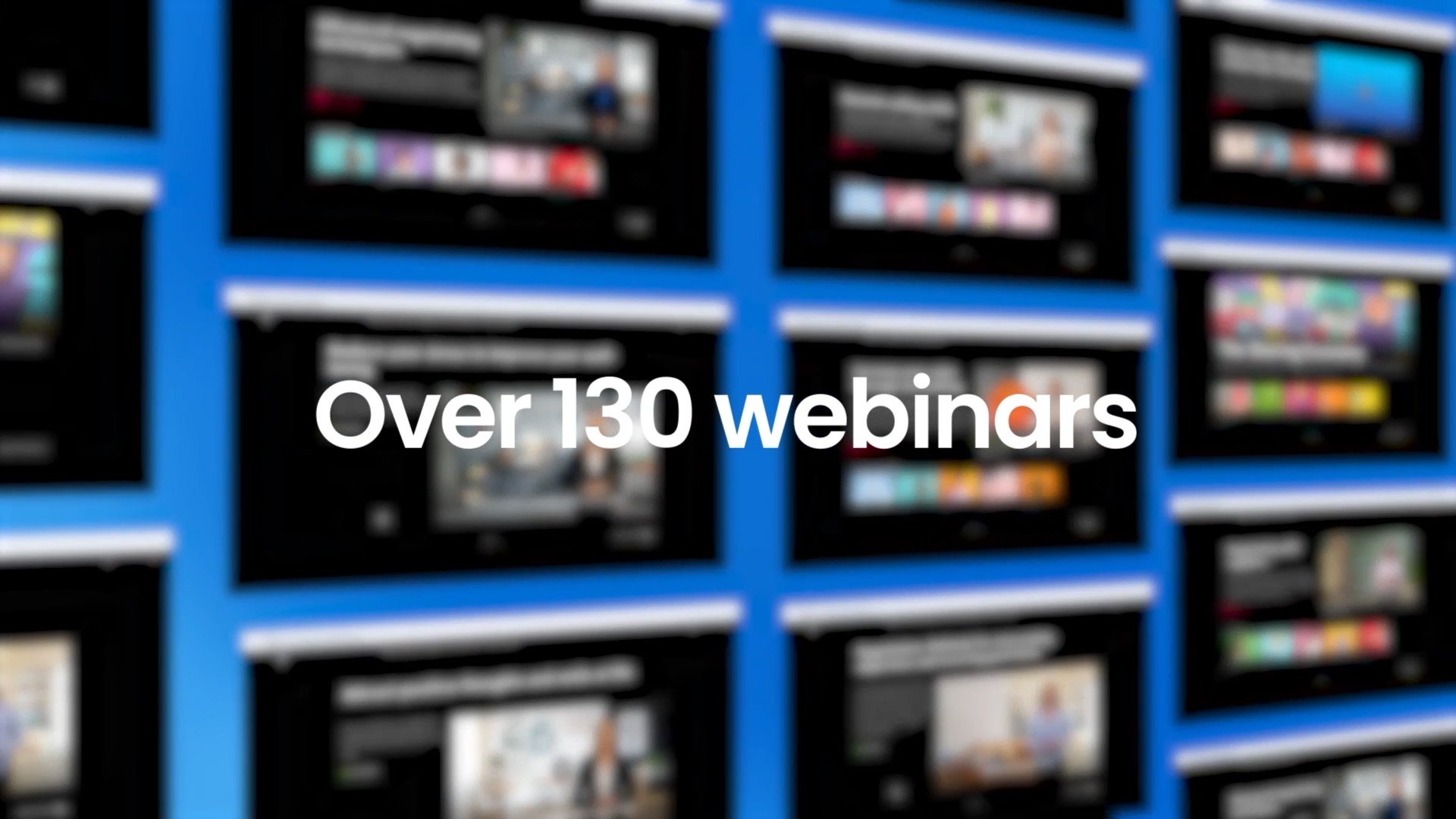 Texto que dice 'Más de 130 seminarios web' en primer plano sobre fondo de muros con pantallas de computadora y gráficos
