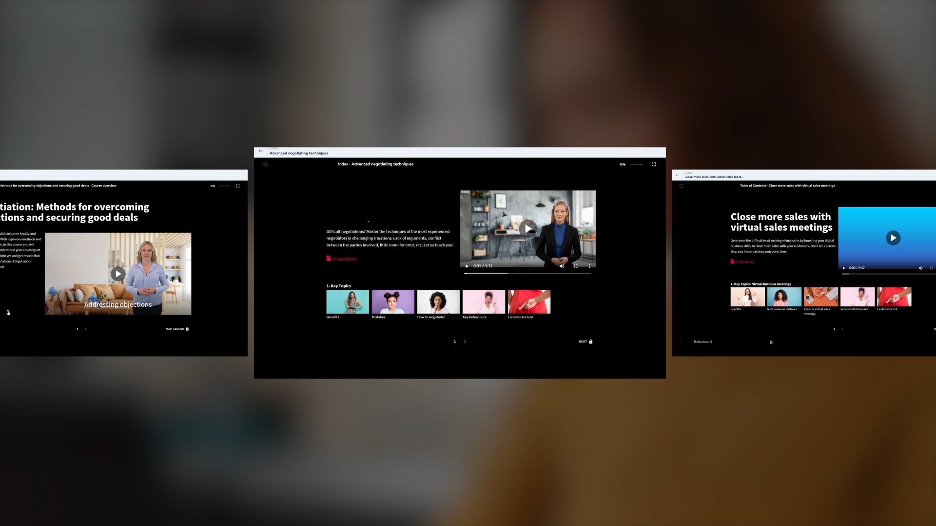 Pantalla con varias diapositivas de un curso en línea sobre técnicas para cerrar ventas virtuales, con imágenes de personas y texto en inglés.