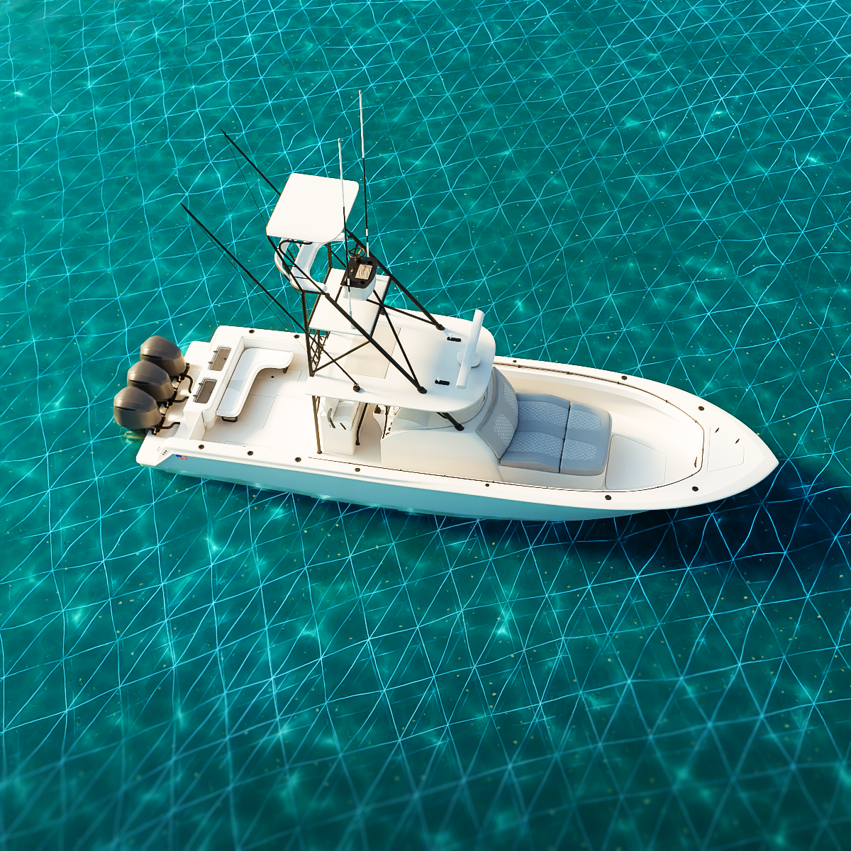 Un barco pequeño con motores fuera de borda navegando en el agua, con un gráfico de red digital en el fondo.