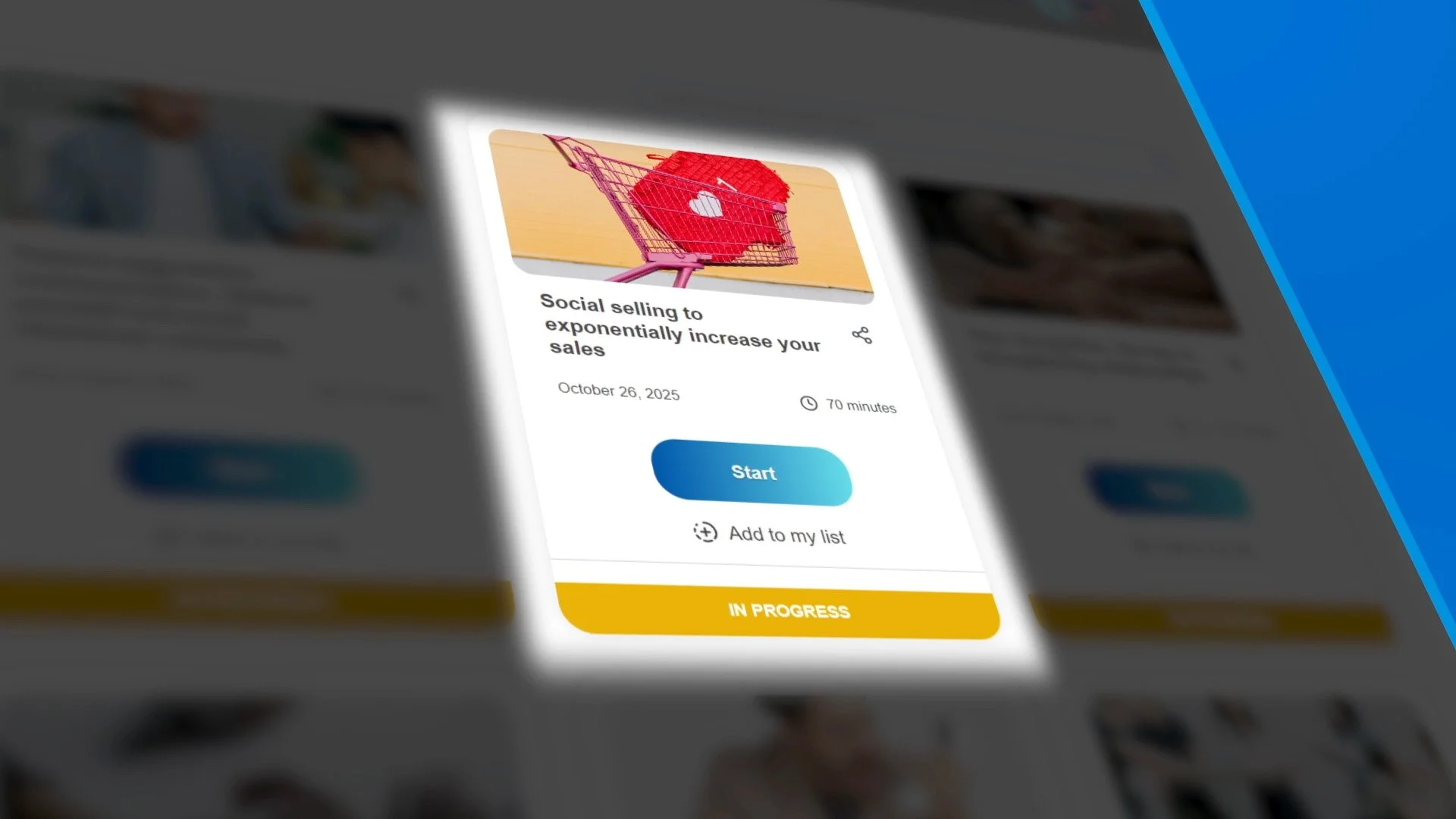 Pantalla de una aplicación móvil que muestra un curso sobre ventas sociales con un botón de inicio y opción para agregar la clase a la lista.