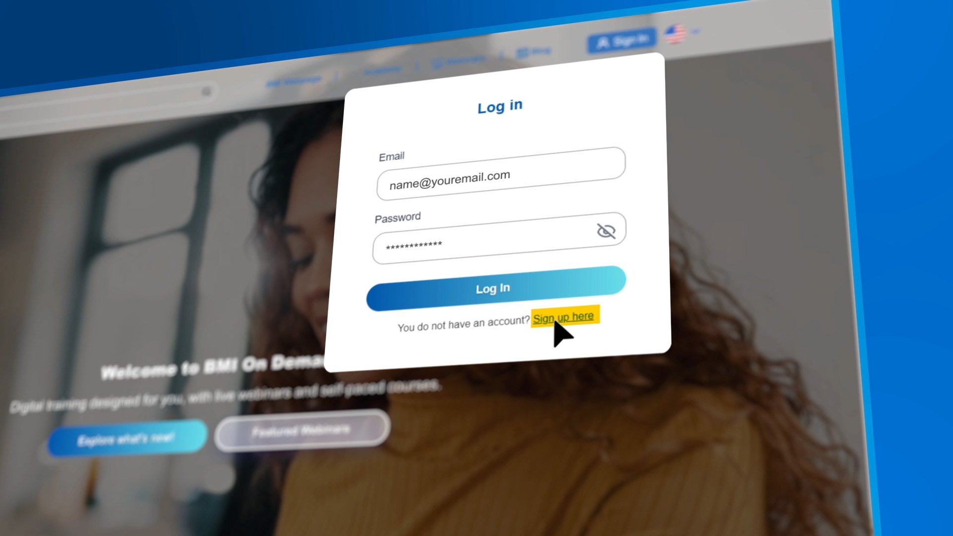 Pantalla de inicio de sesión en línea con campos para correo electrónico y contraseña, botón para ingresar, y enlace para registrarse que dice 'Sign up here' en amarillo.