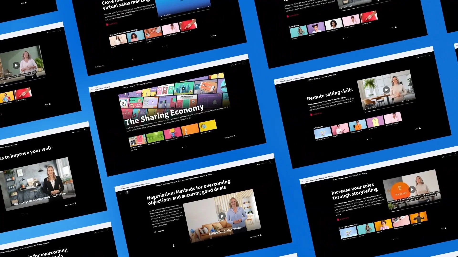 Pantalla de computadora con múltiples vistas de cursos en línea relacionados con ventas y negociación, en fondo negro con marco azul.