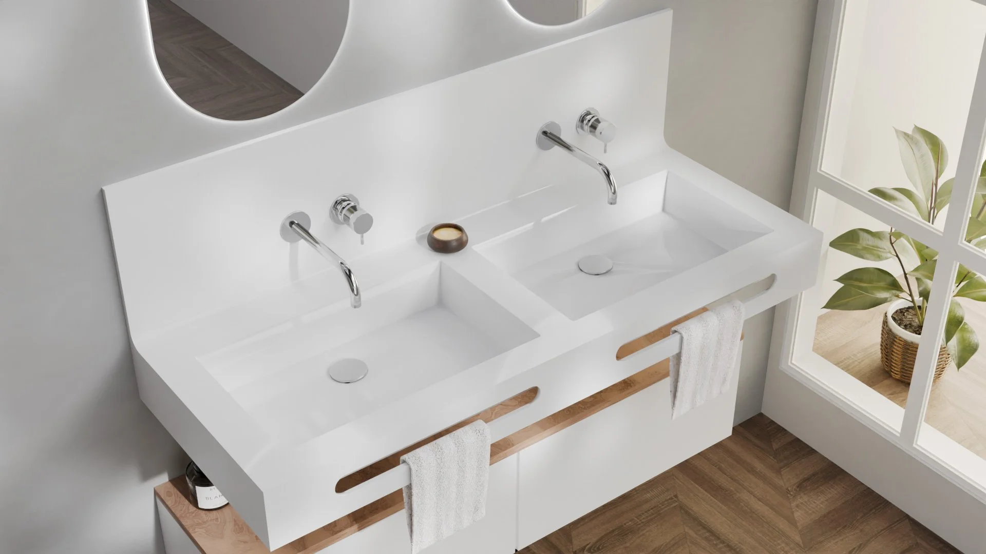 Lavabo doble blanco con espejo y accesorios de metal en un baño moderno con piso de madera y planta en una repisa junto a una ventana