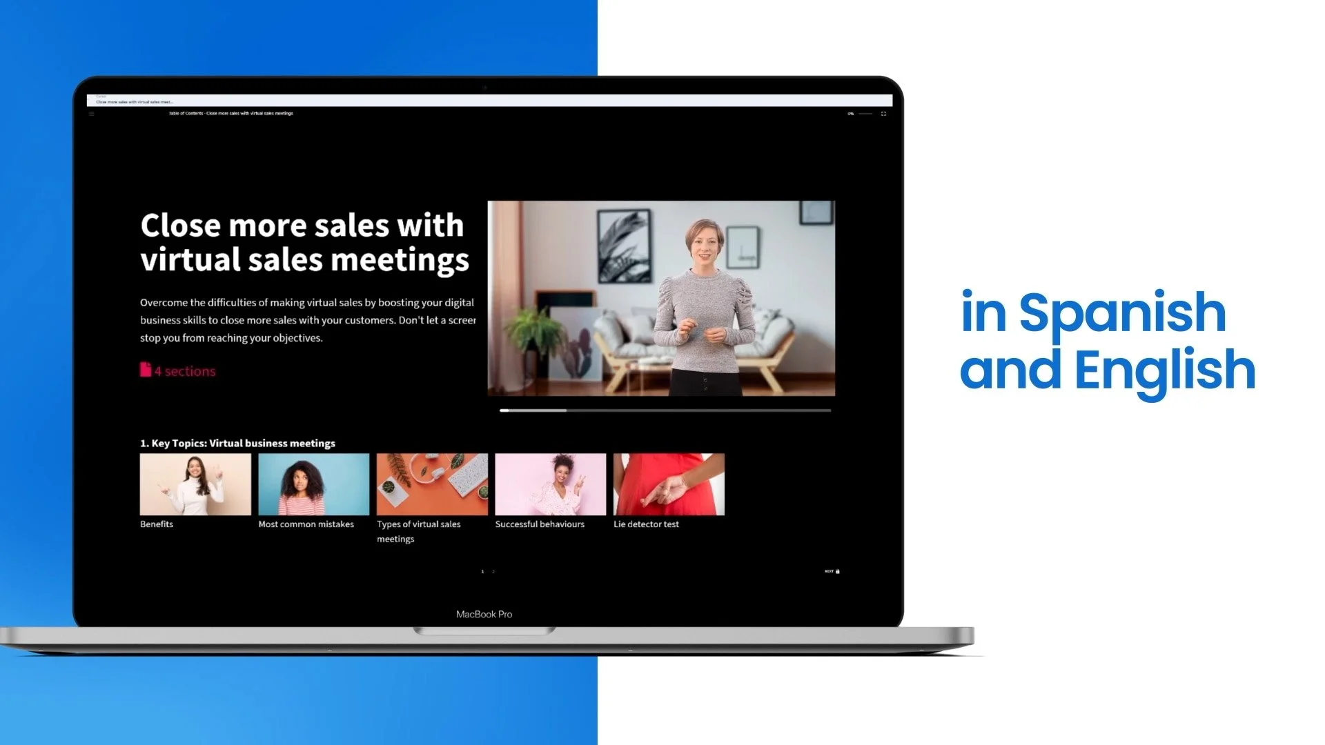 Pantalla de computadora portátil MacBook Pro mostrando una presentación sobre ventas virtuales en inglés y español, con una mujer en la pantalla y una lista de temas en la parte inferior
