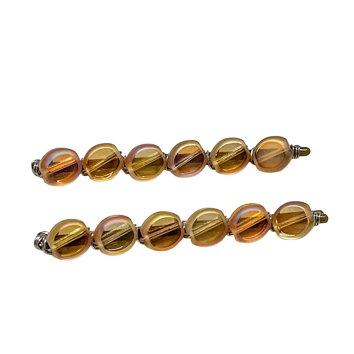 Golden Yellow Iridescent - Beaded and Wire Wrapped Bobby Pins (Large-Size) with Golden Yellow Iridescent Round Beads