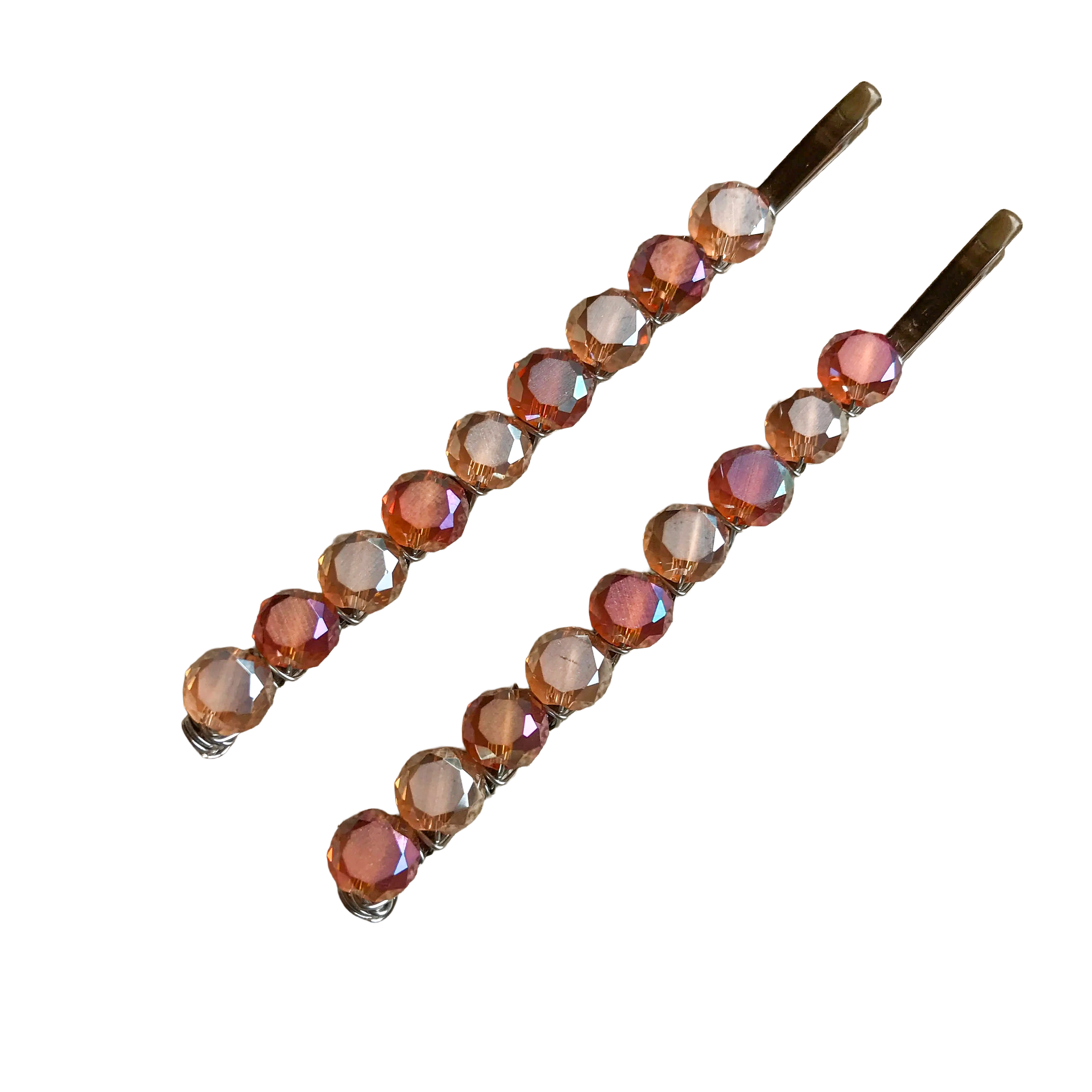 Sunset - Beaded and Wire Wrapped Bobby Pins (Large-Size) with Coral Pink Faceted Disc Beads