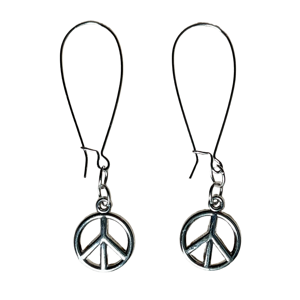 70s Inspired Silver Peace Sign Dangle Earrings with Stainless Steel Kidney Earwires