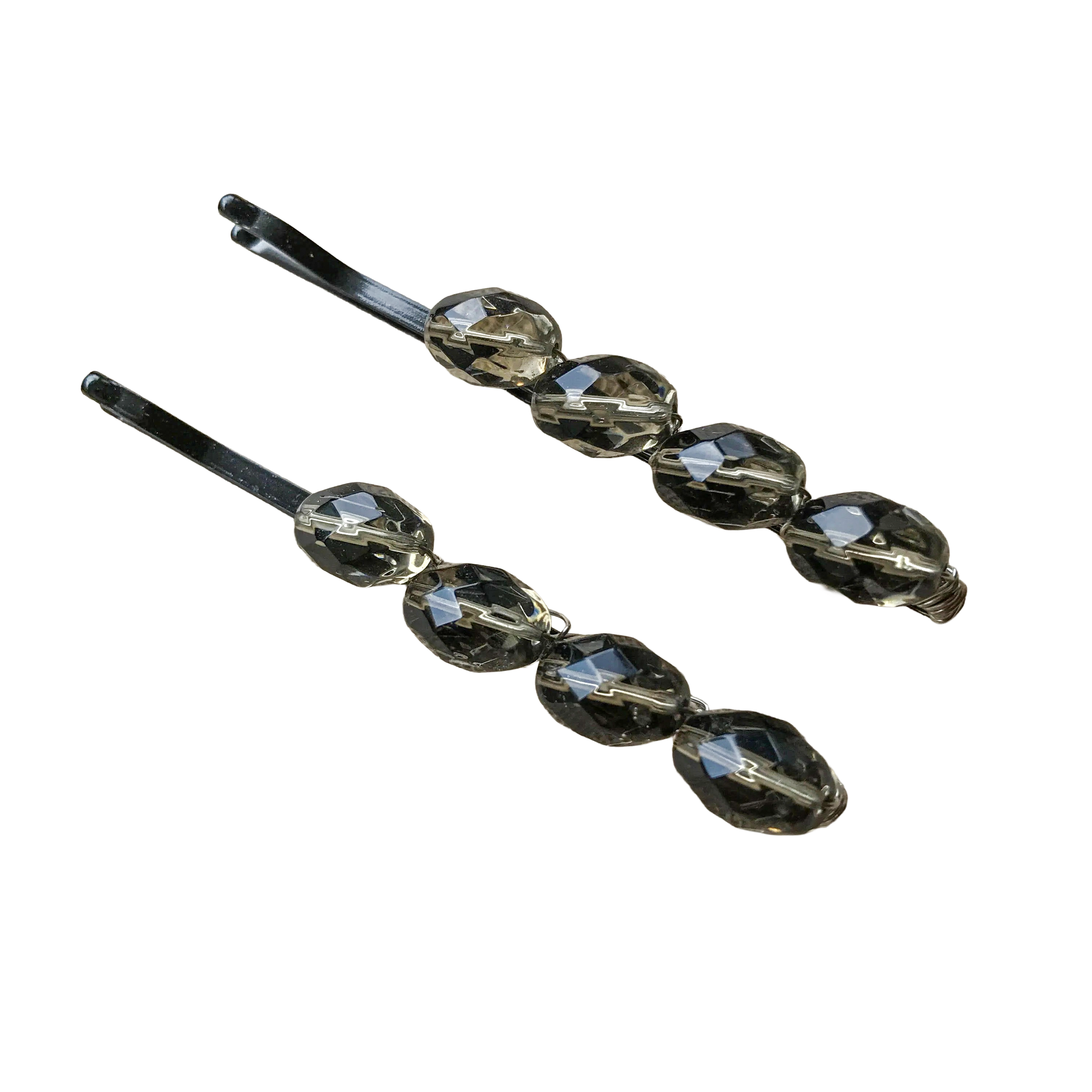 Smoky Gray Beaded Bobby Pins - Wire Wrapped with Silver Wire and Faceted Oval Beads (Large-Size)