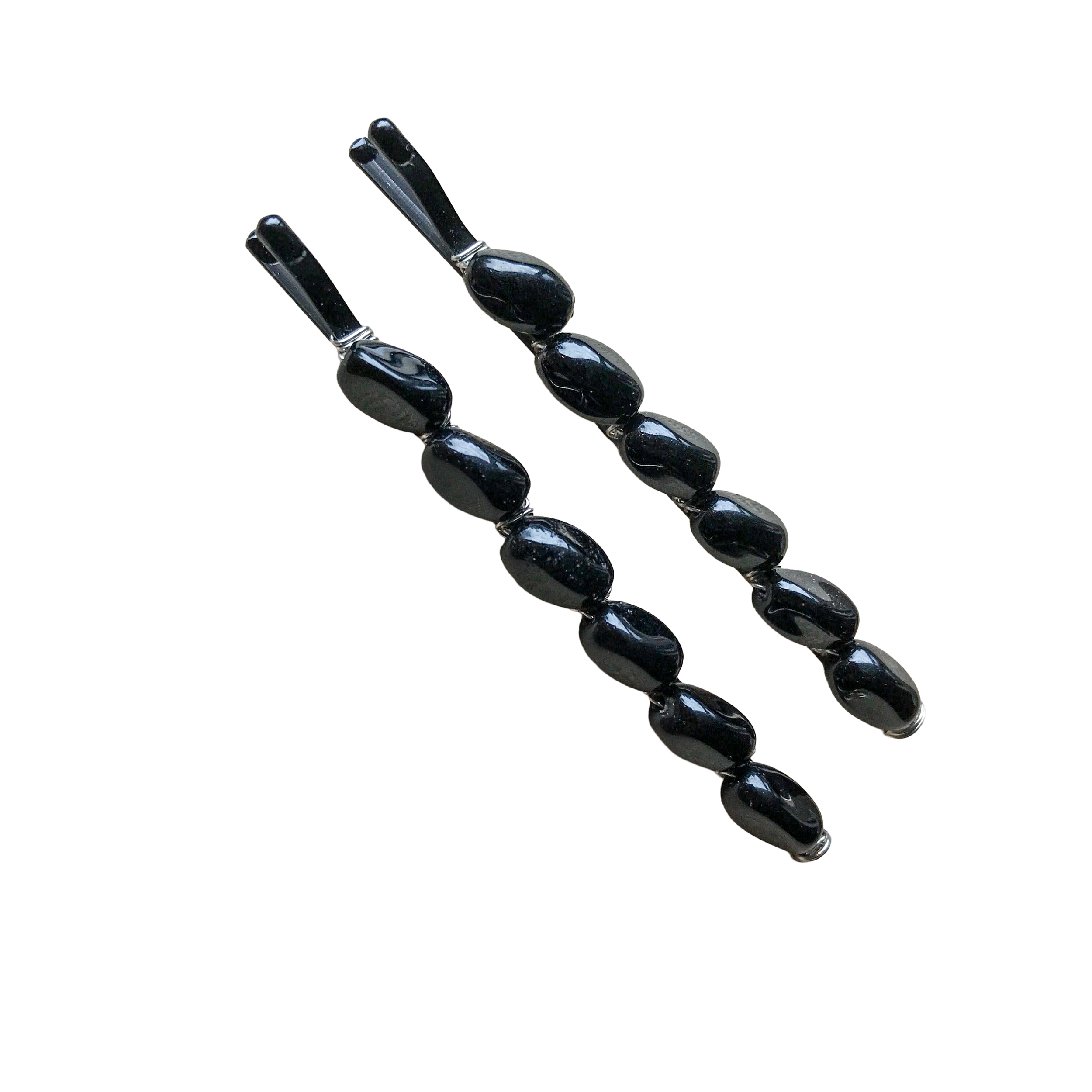 Black Beaded and Wire Wrapped Bobby Pins (Large-Size) with Twist Glass Beads