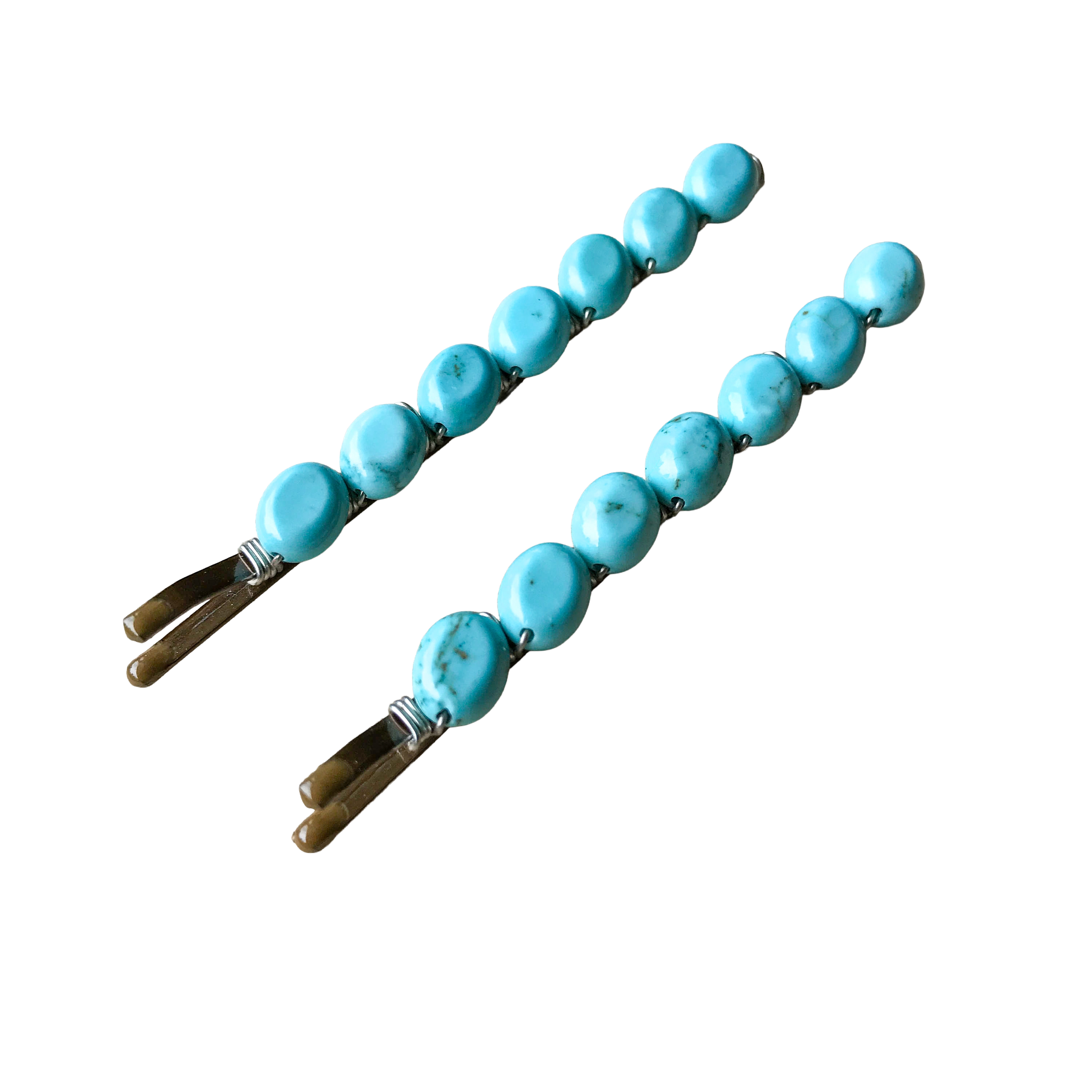 Turquoise Ovals - Beaded and Wire Wrapped Bobby Pins (Large-Size) with Turquoise Oval Shaped Beads