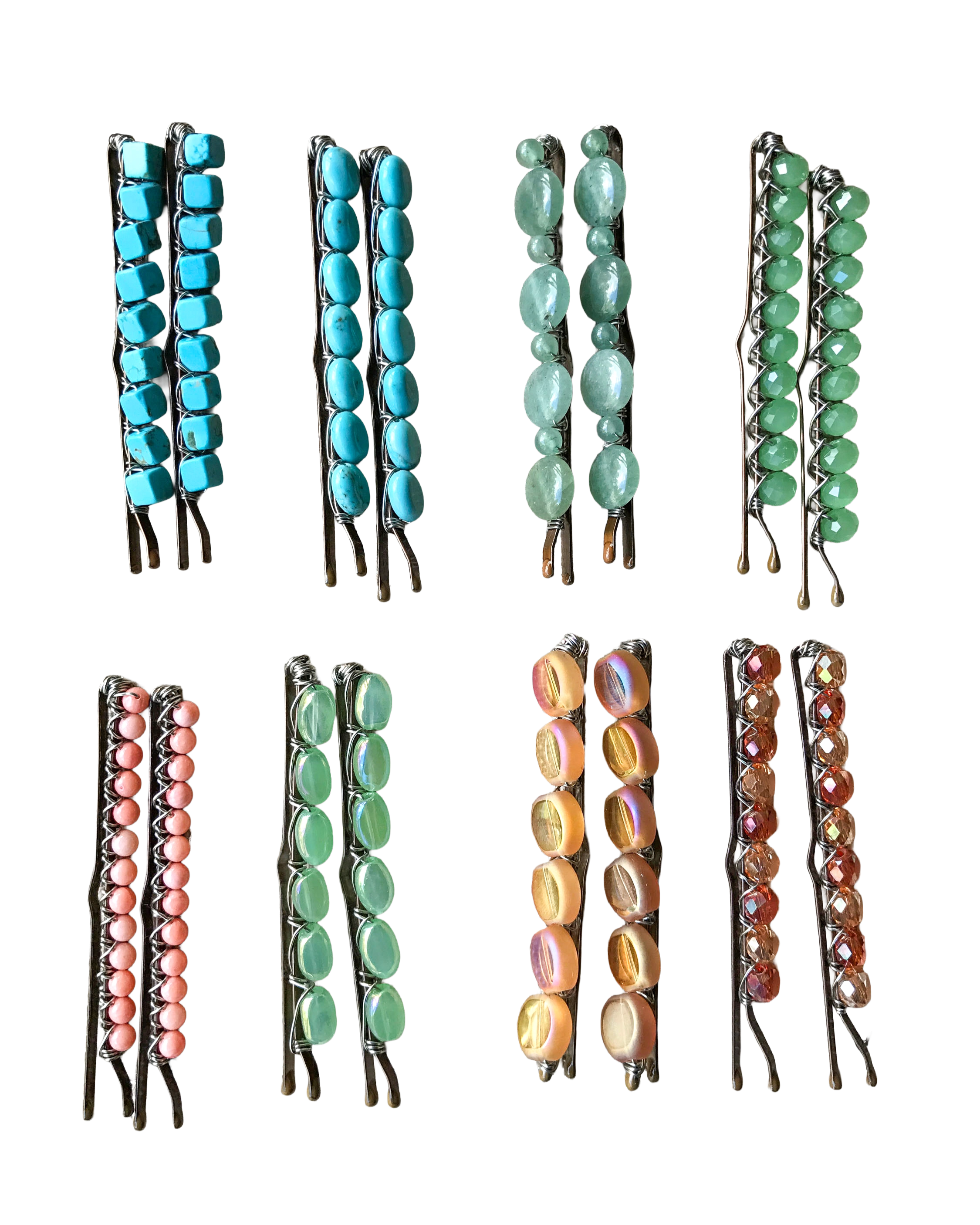 An array of colorful hair clips with various bead and gemstone decorations, including blue, green, peach, and amber-colored stones, arranged vertically against a white background.