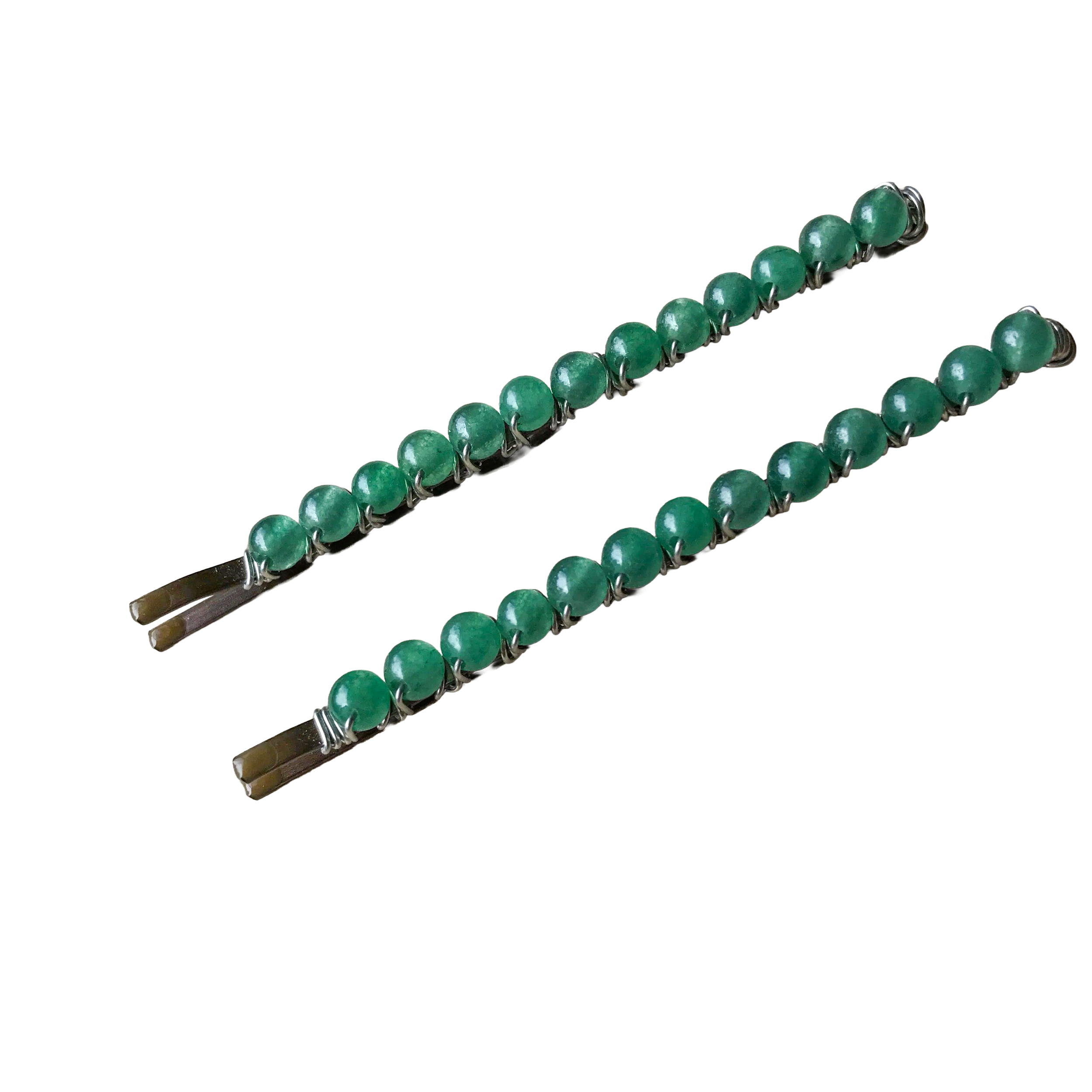 Green Aventurine Beaded & Wire Wrapped Bobby Pins with Round Beads (Large-Size)