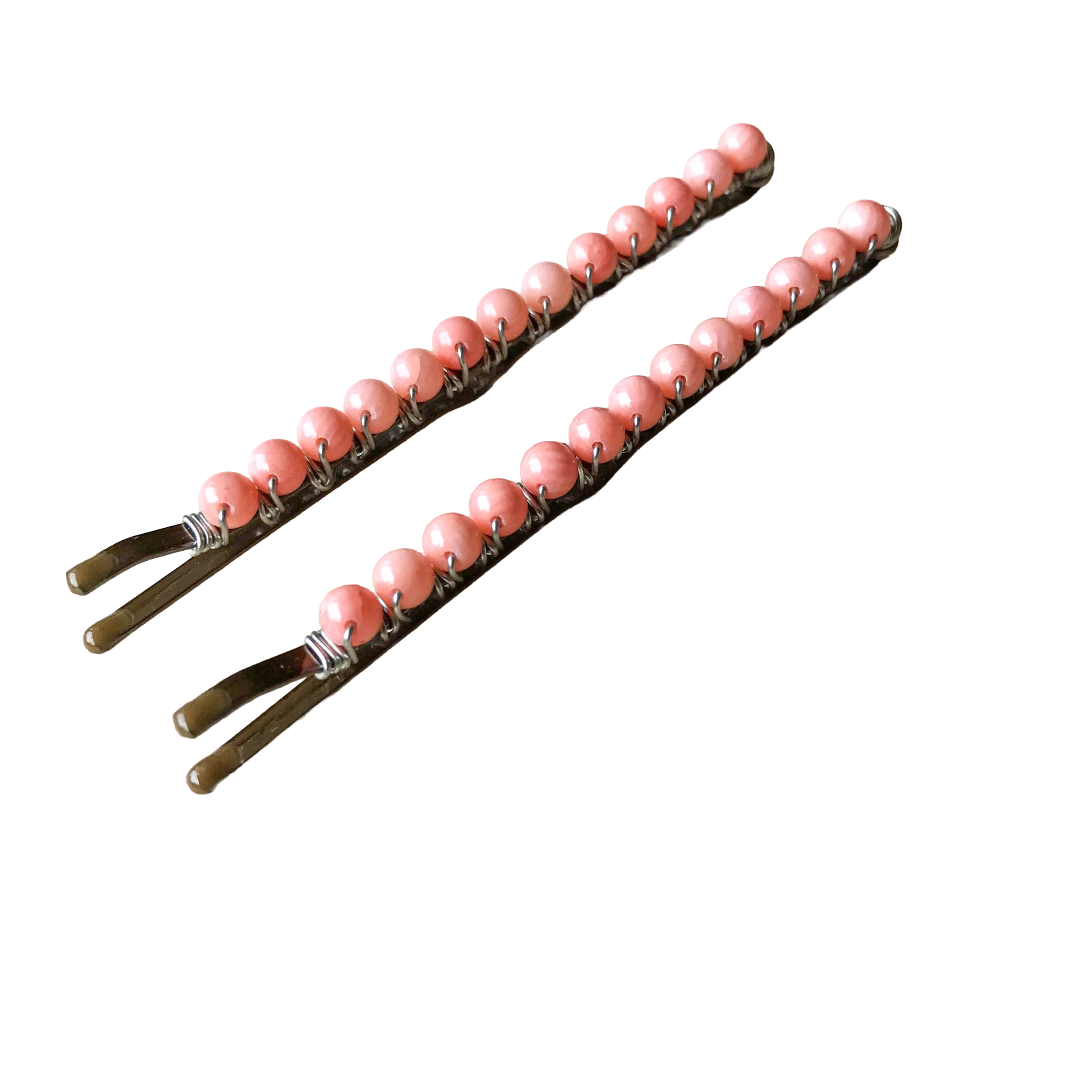 Coral Pink Beaded and Wire Wrapped Bobby Pins - Silver Wire with Coral Pink Round Beads (Large-Size)